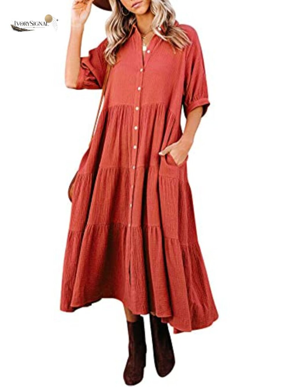 Cotton Midi Dress with Pockets, Button Down, Short Sleeve, Summer Casual